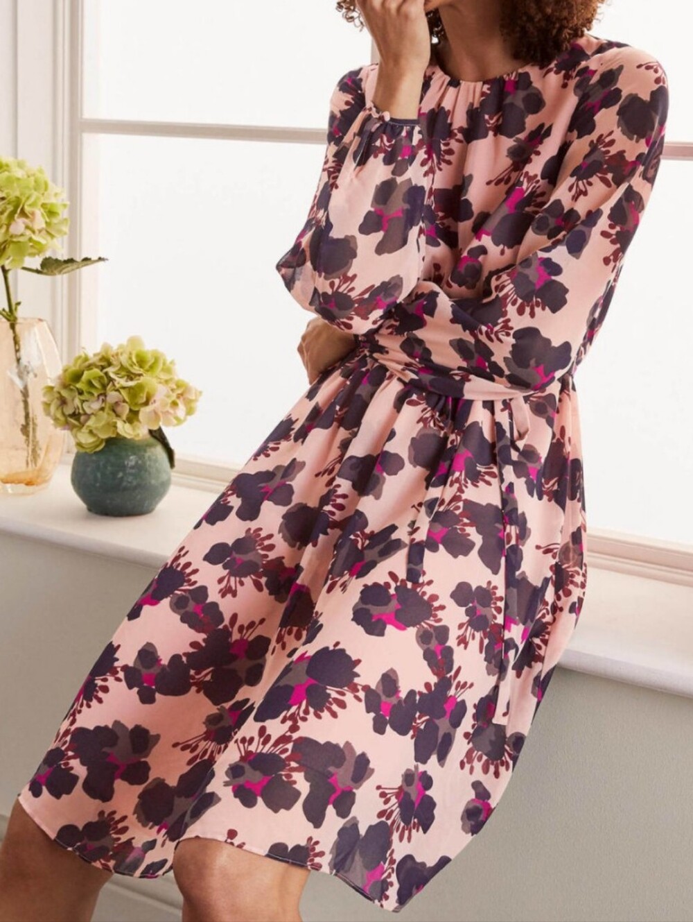 EUC Boden Pink Floral Tie-Waist Midi Dress Size 14L